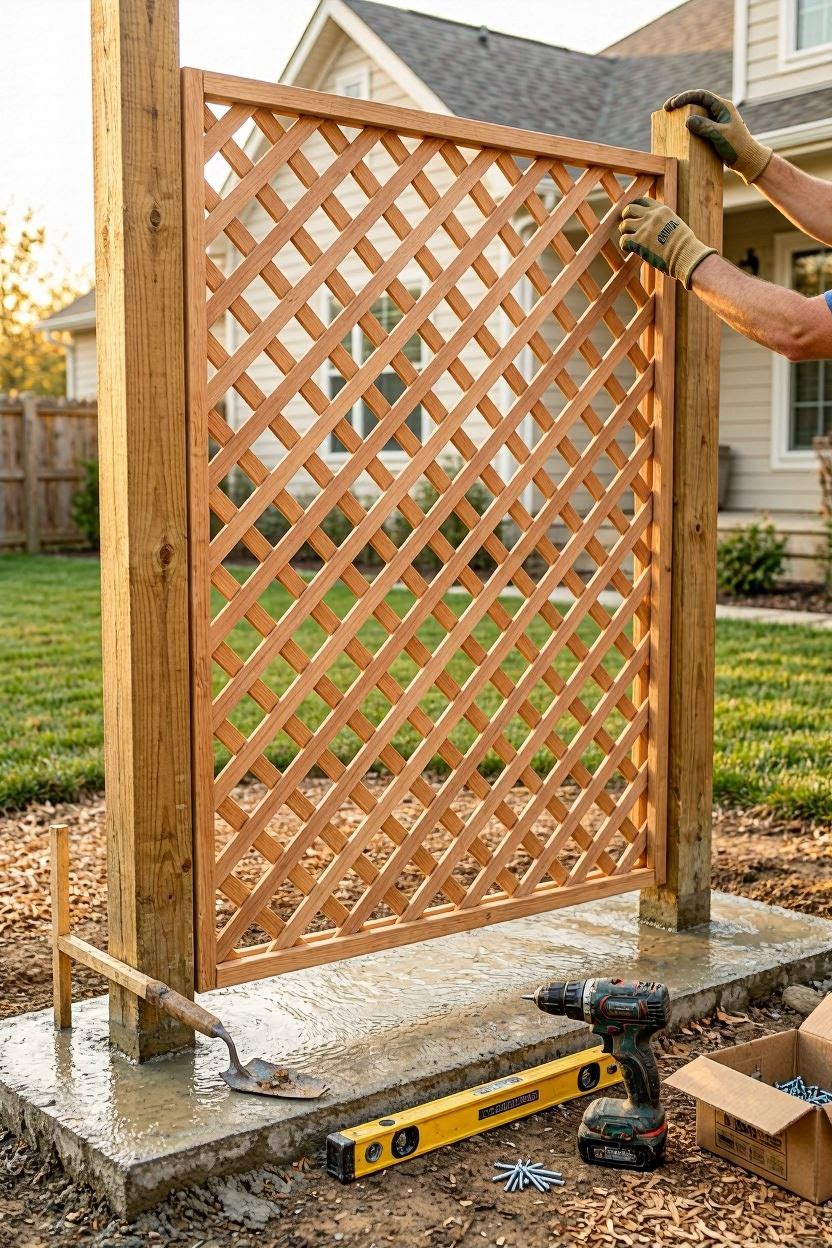 Woven willow privacy panel attached to apartment balcony metal railing with city view behind