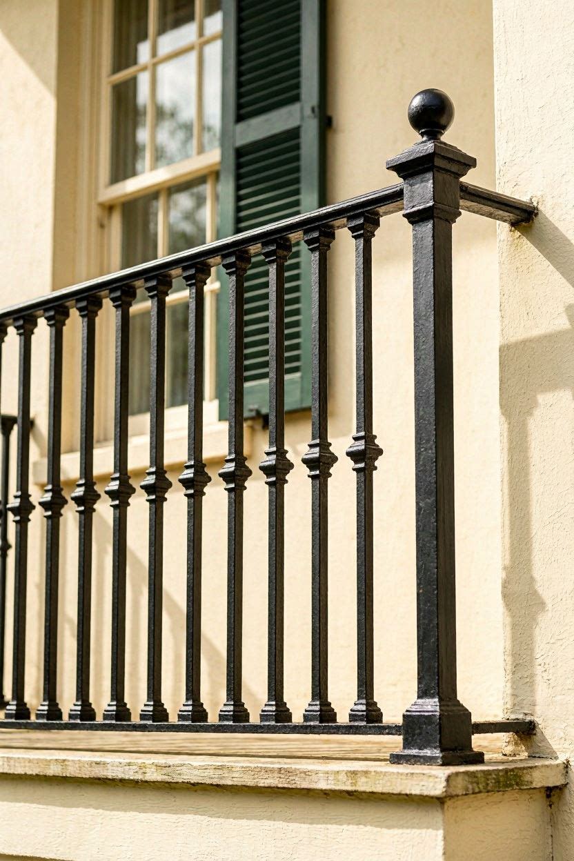 Wrought iron baluster railing with ball top posts — traditional balcony design
