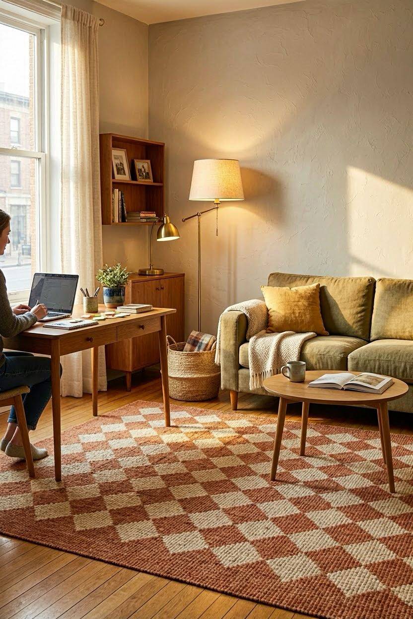 Small apartment living room zoned into seating and work area with furniture placement