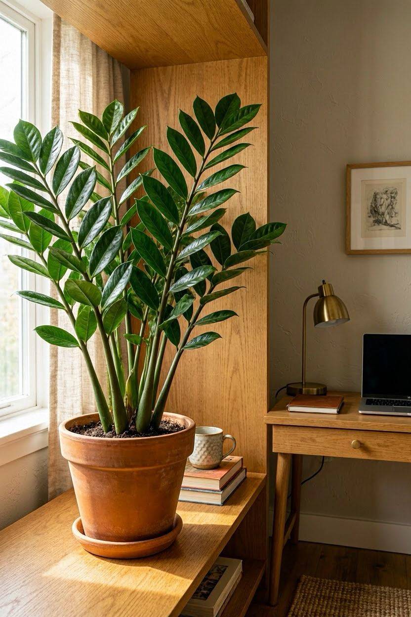 ZZ plant on a wooden shelf in a dim room